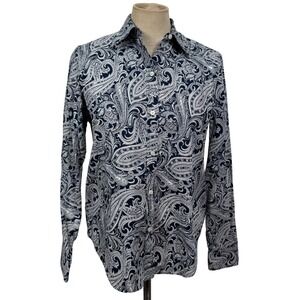 Lauren Ralph Lauren Women XS Shirt Navy White Paisley Non-Iron Preppy Boho Work